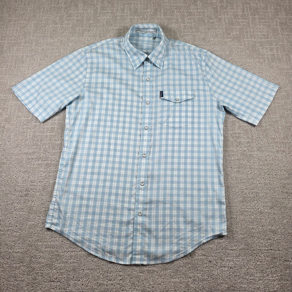 Criquet Mens Blue Gingham Plaid Short Sleeve Pearl Snap Western Shirt Sz Medium